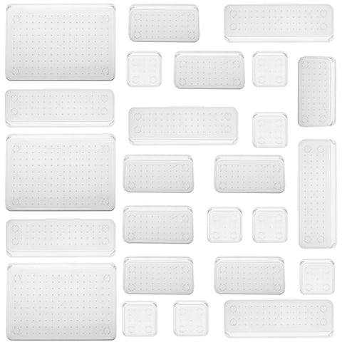 Set de 25 organizadores Brandtrendy de plástico transparente 4 tamaños diferentes, Diseño Apilable, Perfectos para organizar cajones en el hogar, oficina o escuela. Fácil limpieza y alta durabilidad.