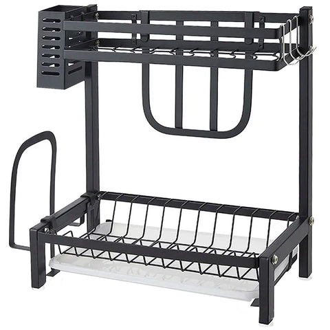 Escurridor de Cocina Compacto Brandtrendy, Doble nivel, Color Negro, con portacuchillos, portacubiertos y rejilla para tabla de picar. Fabricado en acero inoxidable resistente a la corrosión, con diseño moderno y montaje fácil