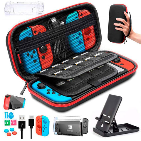 Kit de accesorios Brandtrendy 16 en 1 para Nintendo Switch OLED Color Negro. Diseño compacto, resistente y funcional para máxima protección y comodidad en viajes. Protectores, base y kit de limpieza incluidos.