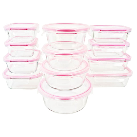 Juego de 12 recipientes de vidrio con tapa para almacenamiento de comidas Color Rosa