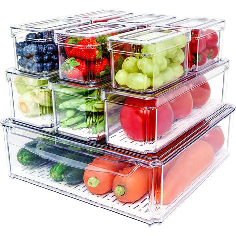 Paquete de 10 Contenedores Apilables para Refrigerador, Libres de BPA y con Tapas Transparentes para Almacenamiento de Frutas, Alimentos, Bebidas, Verduras y Más con base antideslizante