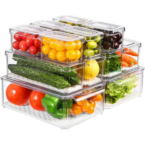 Paquete de 12 Contenedores Apilables para Refrigerador, Libres de BPA y con Tapas Transparentes para Almacenamiento de Frutas, Alimentos, Bebidas, Verduras y Más con base antideslizante