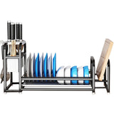 Escurridor de almacenamiento de platos multifuncional con extensión para cubiertos y tabla de cocina