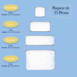 Set de 25 organizadores Brandtrendy de plástico transparente 4 tamaños diferentes, Diseño Apilable, Perfectos para organizar cajones en el hogar, oficina o escuela. Fácil limpieza y alta durabilidad.
