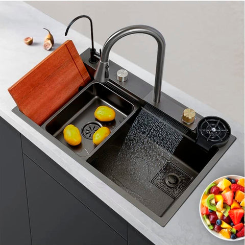 Tarja de cocina de acero inoxidable con cascada y grifo de extraible. Incluye Kit de desagüe y múltiples accesorios 75x45 cm