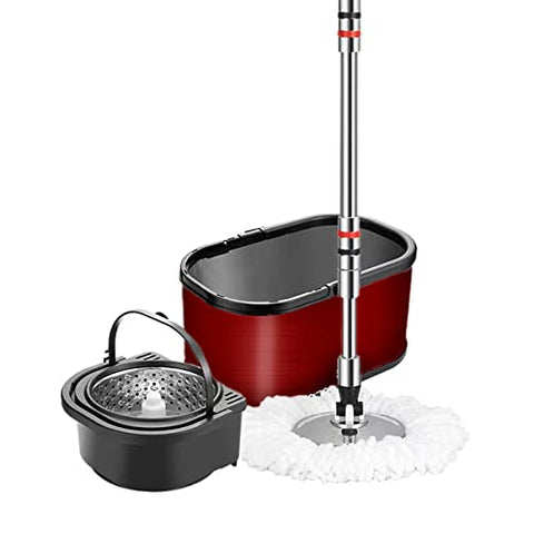 Trapeador con Cubeta Giratoria Brandtrendy | Color rojo | Exprimidor Manos libre | Mango Extensible de hasta 140 cm | Mop de Microfibra | Tapón de Drenaje | Limpieza Fácil y Rápida | Cabezal 360° | Para Todo Tipo de Pisos | Incluye Mop Adicional 
