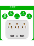 Multicontacto Fratech con 2 enchufes CA, 2 puertos USB-A y 1 USB-C. Modelo L02. Protección contra sobrecargas y cortocircuitos. Diseño compacto sin cables largos, ideal para hogar, oficina y viajes. Compatible con smartphones, laptops, cámaras y más.