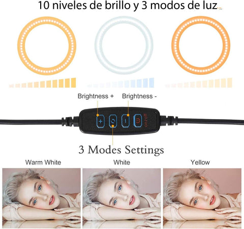 Aro de Luz Brandtrendy con Trípode Ajustable hasta 2.10m, 3 Modos de Luz y 10 Niveles de Brillo, Alimentación USB, Soporte para Teléfono, Ideal para Video, Fotografía, Maquillaje, Streaming y Creación de Contenido Profesional