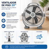 Ventilador de Piso 20 Pulgadas con 5 Aspas, 3 Velocidades, Cabezal Ajustable 360° y Diseño Silencioso de Alta Potencia