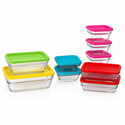 Juego de 10 Piezas de Vidrio con Tapas de Colores, Recipientes para Almacenar Alimentos, Aptos para Microondas, Refrigerador, Congelador y Lavavajillas