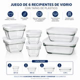 Juego de 6 Recipientes de Vidrio con Tapas para Almacenamiento de Alimentos, Refractarios Apilables para Hornear, Refrigerar, Congelar y Servir, Capacidades de 167 ml, 393 ml, 735 ml y 1.54