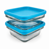 Juego de 5 Recipientes de Vidrio con Tapa para Almacenamiento, Refractarios para Horno, Microondas y Lavavajillas, Contenedores para Alimentos de 393 ml y 735 ml con Tapas Azul y Rosa