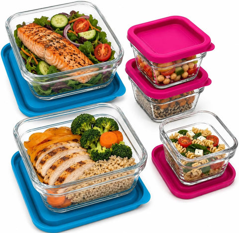 Juego de 5 Recipientes de Vidrio con Tapa para Almacenamiento, Refractarios para Horno, Microondas y Lavavajillas, Contenedores para Alimentos de 393 ml y 735 ml con Tapas Azul y Rosa