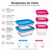 Juego de 5 Recipientes de Vidrio con Tapa para Almacenamiento, Refractarios para Horno, Microondas y Lavavajillas, Contenedores para Alimentos de 393 ml y 735 ml con Tapas Azul y Rosa