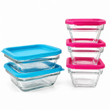 Juego de 5 Recipientes de Vidrio con Tapa para Almacenamiento, Refractarios para Horno, Microondas y Lavavajillas, Contenedores para Alimentos de 393 ml y 735 ml con Tapas Azul y Rosa