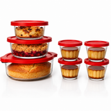 Juego de 7 Piezas para Hornear de Vidrio con Tapas Plásticas Incluidas | 1 Molde Cacerola Multiusos de 948 ml, 2 Moldes Cacerola de 378 ml y 4 Flaneras de 175 ml | Apto para Horno, Microondas, Refrigerador, Congelador y Lavavajillas