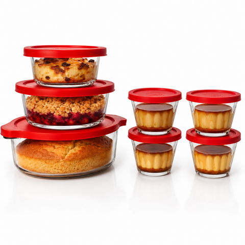 Juego de 7 Piezas para Hornear de Vidrio con Tapas Plásticas Incluidas | 1 Molde Cacerola Multiusos de 948 ml, 2 Moldes Cacerola de 378 ml y 4 Flaneras de 175 ml | Apto para Horno, Microondas, Refrigerador, Congelador y Lavavajillas