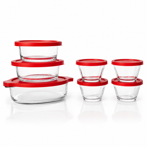 Juego de 7 Piezas para Hornear de Vidrio con Tapas Plásticas Incluidas | 1 Molde Cacerola Multiusos de 948 ml, 2 Moldes Cacerola de 378 ml y 4 Flaneras de 175 ml | Apto para Horno, Microondas, Refrigerador, Congelador y Lavavajillas