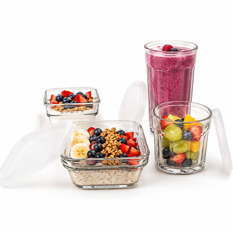Juego de Comida Fitness 4 Recipientes de Vidrio con Tapas, Vasos y Tazones para Yogur, Avena, Fruta, Meal Prep y Conservación de Alimentos, Aptos para Refrigerador y Lavavajillas