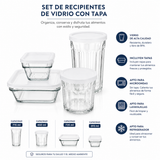 Juego de Comida Fitness 4 Recipientes de Vidrio con Tapas, Vasos y Tazones para Yogur, Avena, Fruta, Meal Prep y Conservación de Alimentos, Aptos para Refrigerador y Lavavajillas