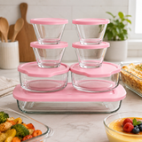 Juego de 7 Refractarios de Vidrio con Tapas Rosas Libres de BPA | Para Hornear, Servir y Almacenar | Aptos para Horno, Microondas, Congelador y Lavavajillas