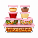 Juego de 7 Refractarios de Vidrio con Tapas Rosas Libres de BPA | Para Hornear, Servir y Almacenar | Aptos para Horno, Microondas, Congelador y Lavavajillas