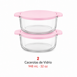 Juego de 7 Refractarios de Vidrio con Tapas Rosas Libres de BPA | Para Hornear, Servir y Almacenar | Aptos para Horno, Microondas, Congelador y Lavavajillas