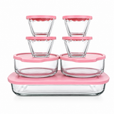 Juego de 7 Refractarios de Vidrio con Tapas Rosas Libres de BPA | Para Hornear, Servir y Almacenar | Aptos para Horno, Microondas, Congelador y Lavavajillas