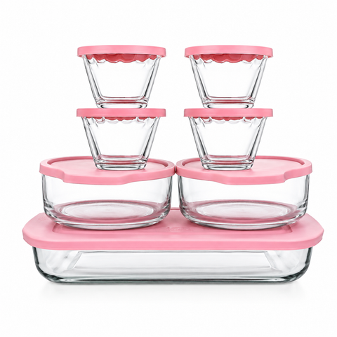 Juego de 7 Refractarios de Vidrio con Tapas Rosas Libres de BPA | Para Hornear, Servir y Almacenar | Aptos para Horno, Microondas, Congelador y Lavavajillas