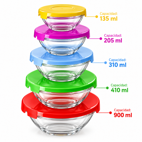Brandtrendy Juego de 5 Tazones de Vidrio con Tapas de Plástico de Colores, Diferentes Tamaños