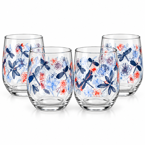 Brandtrendy Juego de 4 Vasos de Vidrio con Decorado de Libélulas