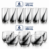 Juego de 12 Vasos de Vidrio Remolino Negro