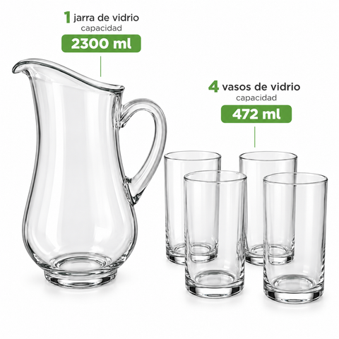 Brandtrendy Juego de Jarra con Asa y 4 Vasos Altos de Vidrio Transparente para Agua y Bebidas,