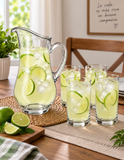 Brandtrendy Juego de Jarra con Asa y 4 Vasos Altos de Vidrio Transparente para Agua y Bebidas,