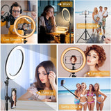 Aro de Luz Brandtrendy con Trípode Ajustable hasta 2.10m, 3 Modos de Luz y 10 Niveles de Brillo, Alimentación USB, Soporte para Teléfono, Ideal para Video, Fotografía, Maquillaje, Streaming y Creación de Contenido Profesional