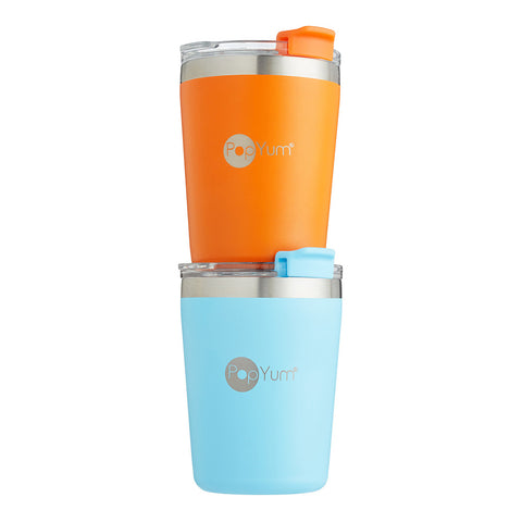 Set de 2 Vasos Térmicos Infantiles de Acero Inoxidable con Tapa y Popote  9oz / 260ml  Naranja y Azul
