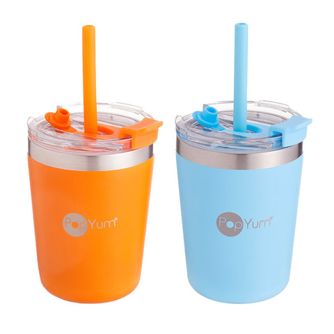 Set de 2 Vasos Térmicos Infantiles de Acero Inoxidable con Tapa y Popote  9oz / 260ml  Naranja y Azul