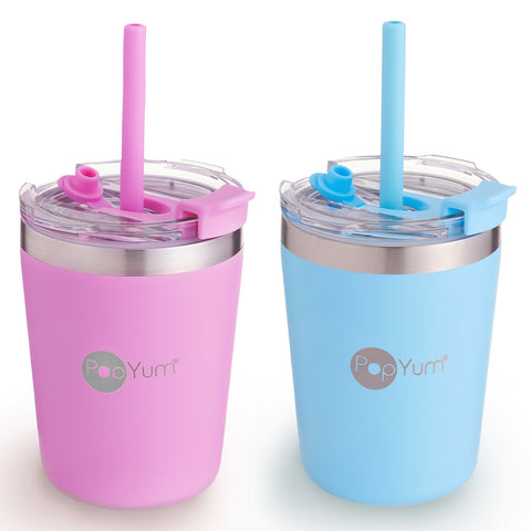 Set de 2 Vasos Térmicos Infantiles de Acero Inoxidable con Tapa y Popote  9oz / 260ml  Rosa y Azul