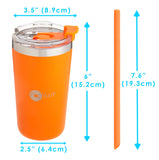 Set de 2 Vasos Térmicos de Acero Inoxidable con Tapa y Popote 13oz / 380ml Naranja y Azul