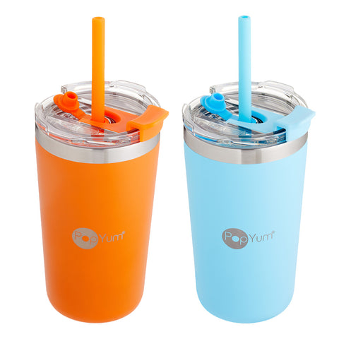 Set de 2 Vasos Térmicos de Acero Inoxidable con Tapa y Popote 13oz / 380ml Naranja y Azul