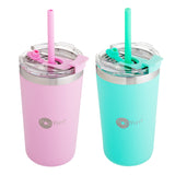 Set de 2 Vasos Térmicos de Acero Inoxidable con Tapa y Popote  13oz / 380ml Rosa y Verde