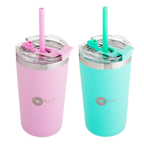 Set de 2 Vasos Térmicos de Acero Inoxidable con Tapa y Popote  13oz / 380ml Rosa y Verde