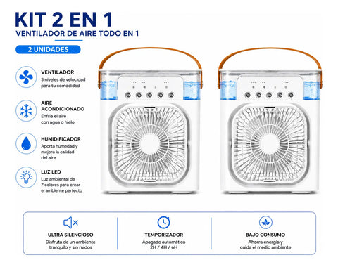 Kit 2 Ventiladores Enfriadores Portátiles USB 4 en 1 con Humidificador y Luz LED