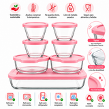 Juego de 7 Refractarios de Vidrio con Tapas Rosas Libres de BPA | Para Hornear, Servir y Almacenar | Aptos para Horno, Microondas, Congelador y Lavavajillas