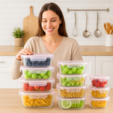 Set Brandtrendy de 12 recipientes de vidrio templado con tapa hermética rosa, resistentes a frío y calor. Aptos para microondas, congelador y lavavajillas. Libre de BPA. Ideal para almacenar y transportar alimentos sin derrames.