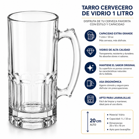 Set de 2 Tarros Cerveceros Brandtrendy de 1 Litro | Jarras de Vidrio para Cerveza, Micheladas y Bebidas Frías