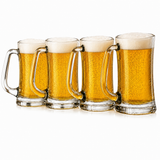 Juego de 4 Tarros de Vidrio para Cerveza 444 ml con Asa Ergonómica, Libres de Plomo, Vasos Cerveceros Transparentes Resistentes para Cerveza, Refrescos, Cócteles, Agua y Bebidas Frías
