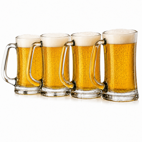 Juego de 4 Tarros de Vidrio para Cerveza 444 ml con Asa Ergonómica, Libres de Plomo, Vasos Cerveceros Transparentes Resistentes para Cerveza, Refrescos, Cócteles, Agua y Bebidas Frías