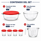 Juego de Repostería 7 piezas (4 Flaneras con tapa, 1 Taza medidora, tazón mezclador, Cacerola multiusos con tapa)