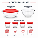 Juego de Repostería 7 piezas (4 Flaneras con tapa, 1 Taza medidora, tazón mezclador, Cacerola multiusos con tapa)